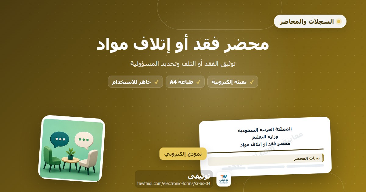 محضر فقد أو إتلاف مواد — نموذج إلكتروني مدرسي جاهز للتعبئة والطباعة A4 من منصة توثيقي