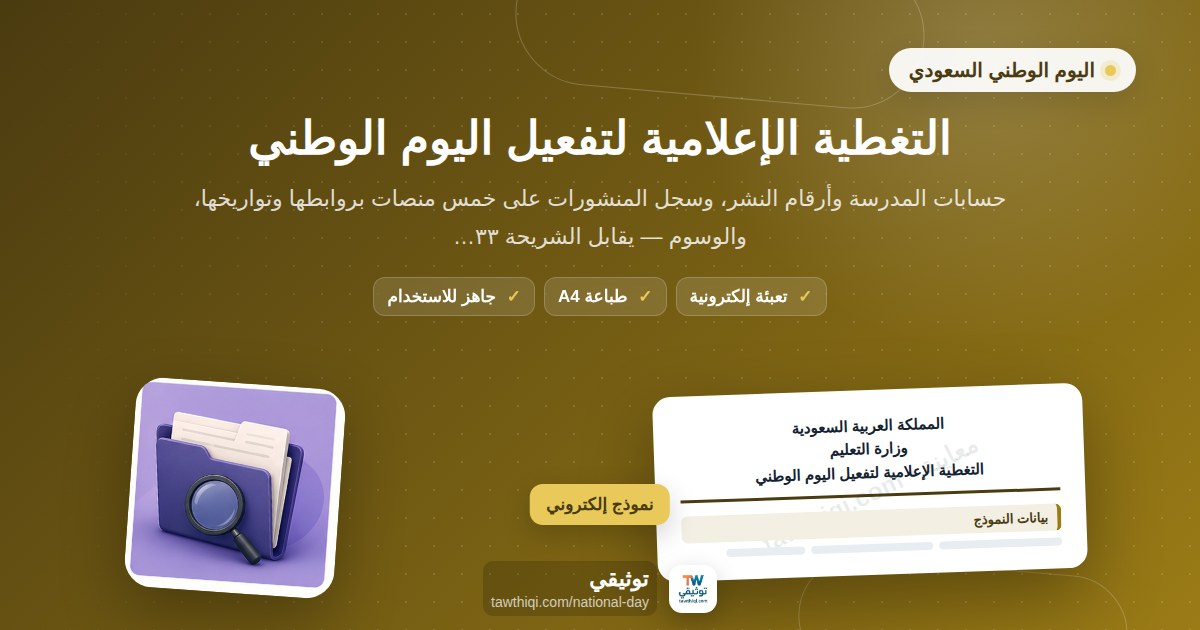 التغطية الإعلامية لتفعيل اليوم الوطني — نموذج إلكتروني مدرسي جاهز للتعبئة والطباعة A4 من منصة توثيقي