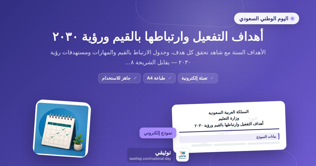 أهداف التفعيل وارتباطها بالقيم ورؤية ٢٠٣٠ — نموذج إلكتروني مدرسي جاهز للتعبئة والطباعة A4 من منصة توثيقي