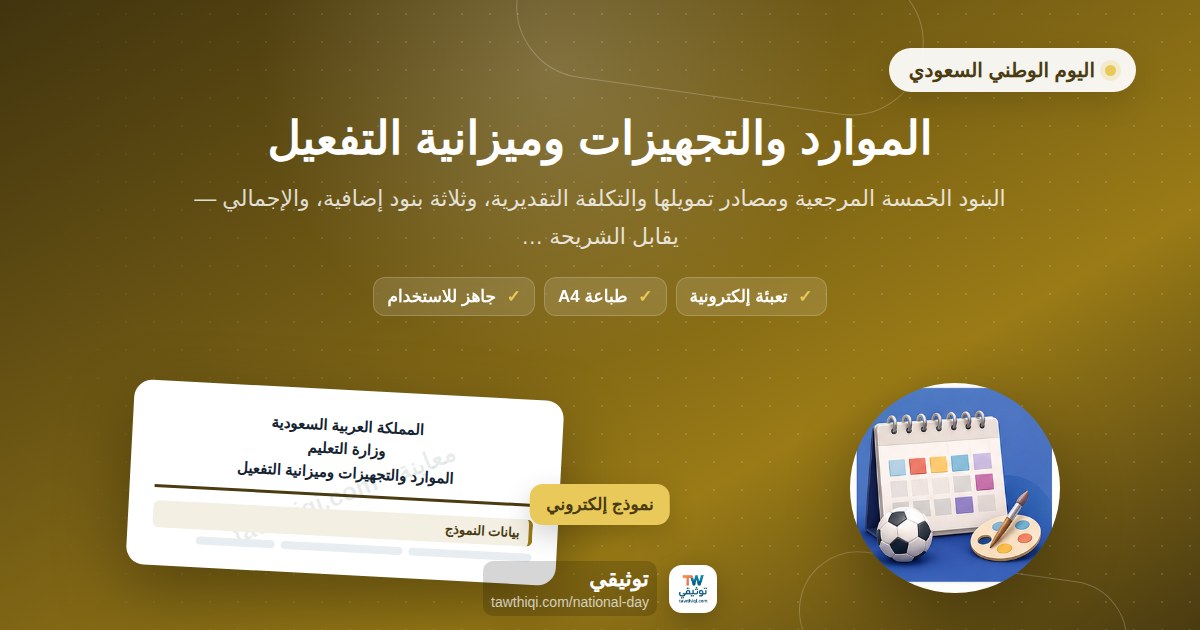 الموارد والتجهيزات وميزانية التفعيل — نموذج إلكتروني مدرسي جاهز للتعبئة والطباعة A4 من منصة توثيقي