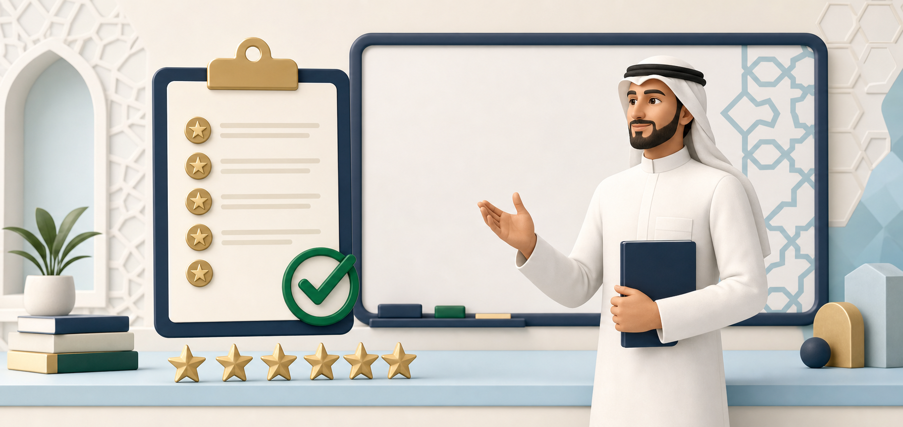 رسم توضيحي لمعلم سعودي مع لوحة تقييم الأداء