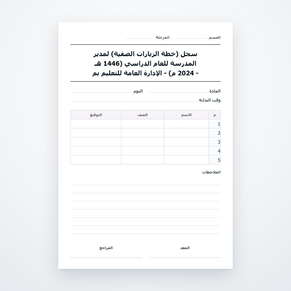 سجل (خطة الزيارات الصفية) لمدير المدرسة للعام الدراسي (1446 هـ - 2024 م) - الإدارة العامة للتعليم بم